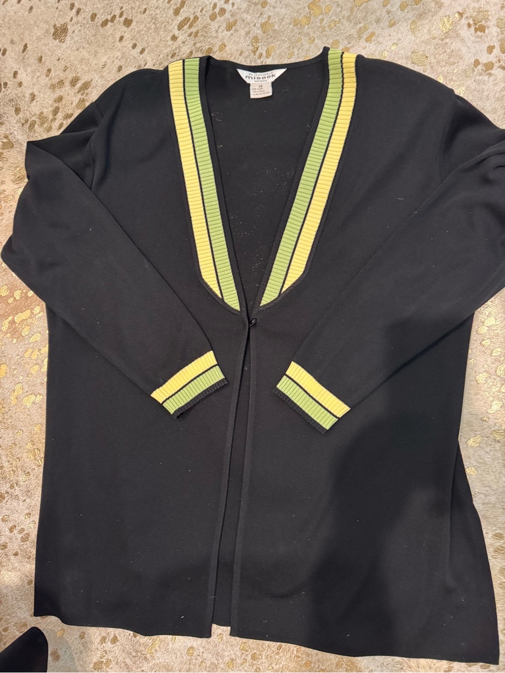 Misook Black Cardigan with Lime Green Trim